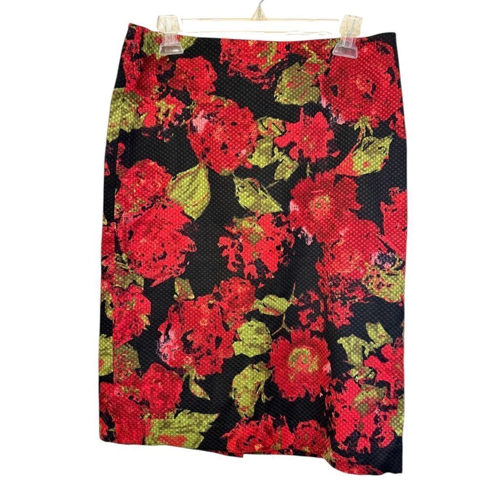 Talbots Red Green Black Floral Textured Pencil Skirt Women’s Size 8